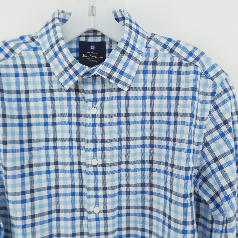 Ben Sherman Button Up Shirt Mens M Blue White Gingham Check Tailored Stretch